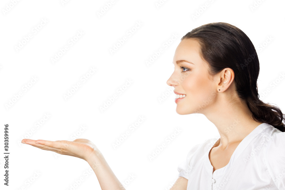Portrait of happy smiling businesswoman showing, isolated Portrait of happy smiling businesswoman showing, isolated