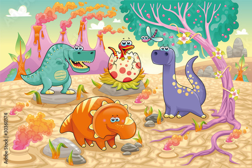 Dinosaurs in a prehistoric landscape. Vector illustration