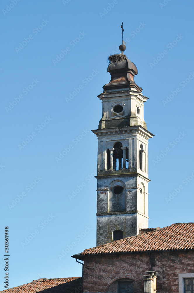 Bell-tower with stork nest in Racconigi