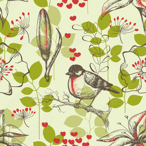 Bird and lilies vintage seamless pattern