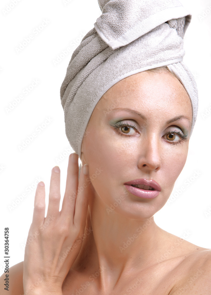 beautiful young woman in towel, isolated on white background.. beautiful young woman in towel, isolated on white background..