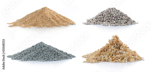pile of sand, pine wood, green carbon and rock