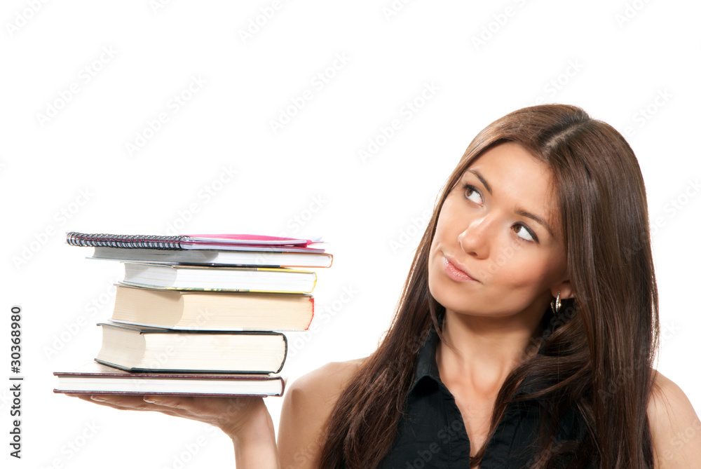 Woman student hold books, textbooks, notebook Woman student hold books, textbooks, notebook