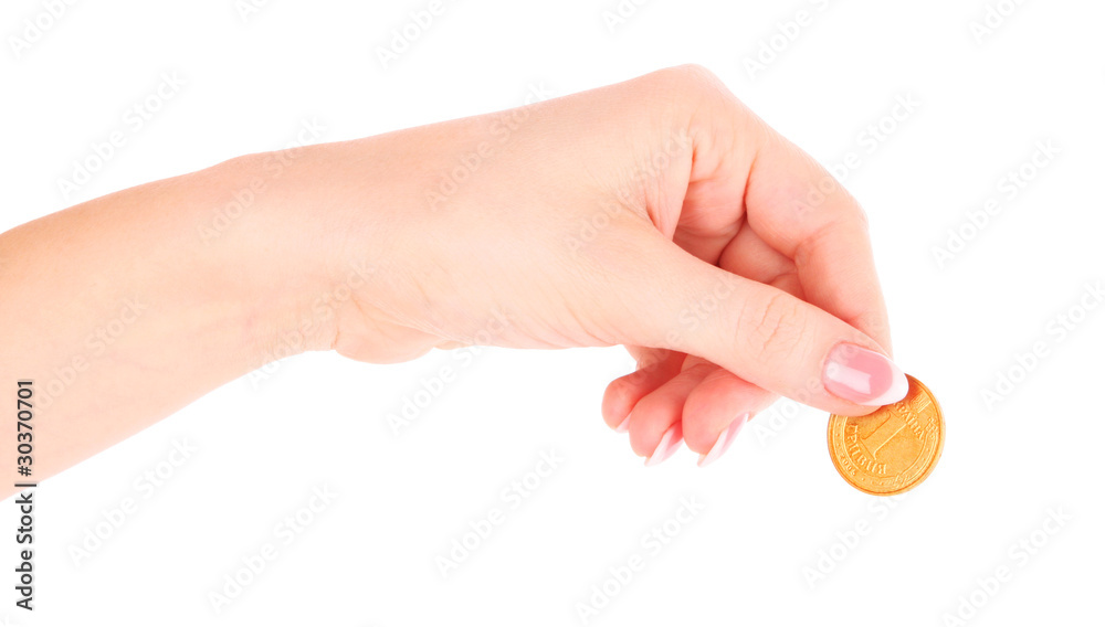 Hand and falling coins isolated on white background Hand and falling coins isolated on white background