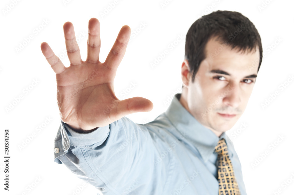 Business man show stop sign Business man show stop sign