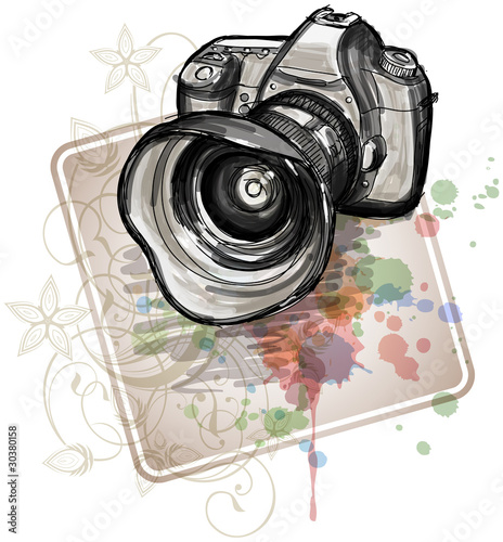 Color sketch of a digital photo camera  & floral calligraphy orn photo