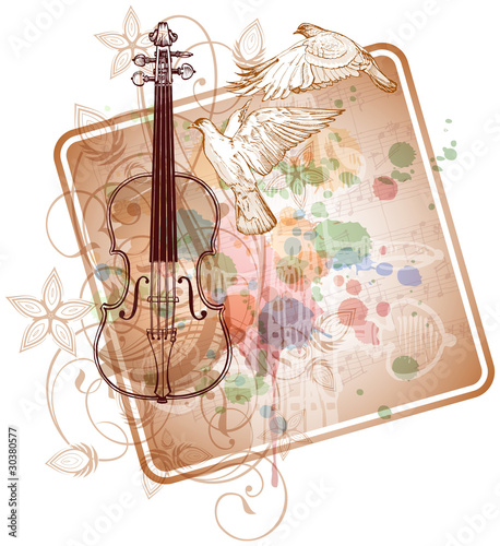 Violin, music sheets, flying doves on the color paint