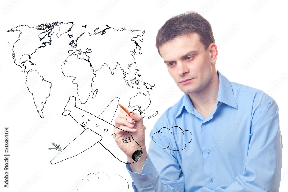Businessman drawing plane and world map Businessman drawing plane and world map