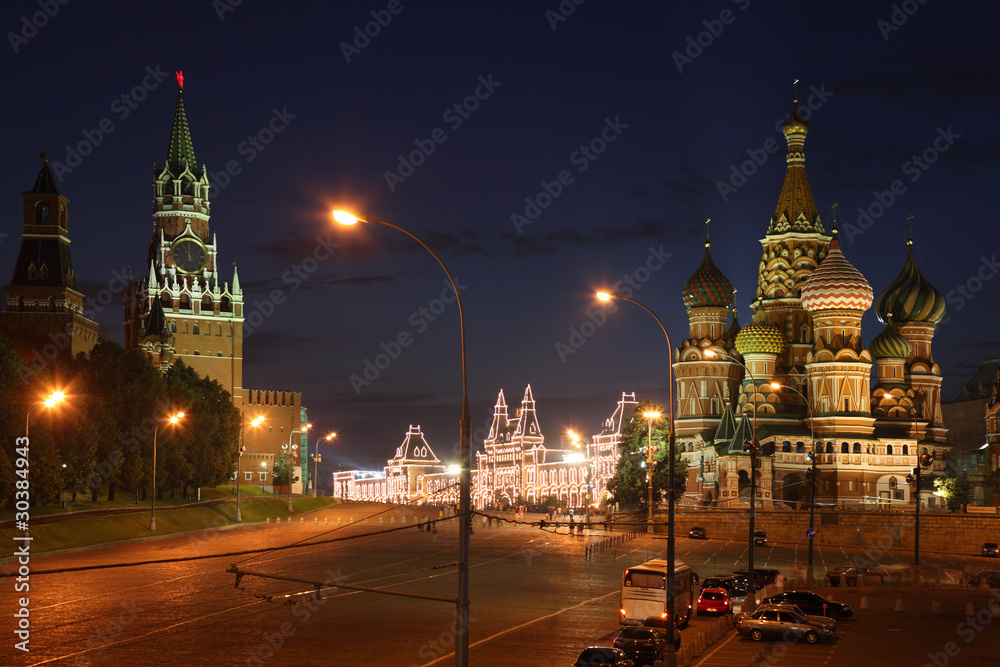 Spassky Tower and St Basil's Cathedral in Red Square at night