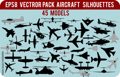 Detailed  vector silhouettes of civil and military aircraft pack