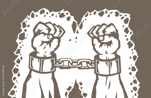 Stylized drawing of a man's hands in shackles