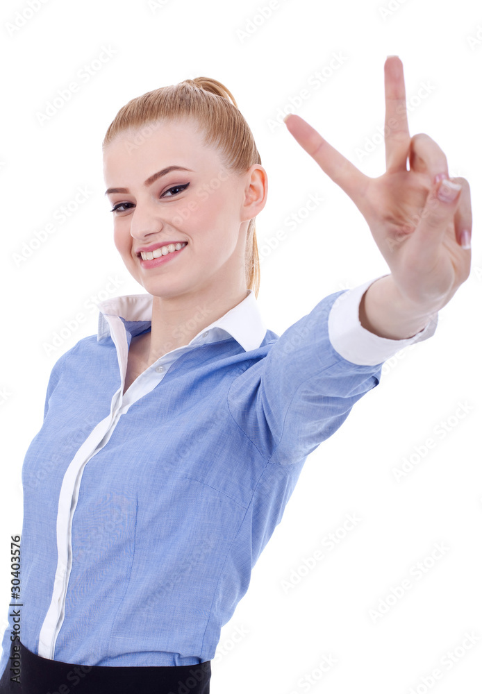 business woman making victory gesture business woman making victory gesture