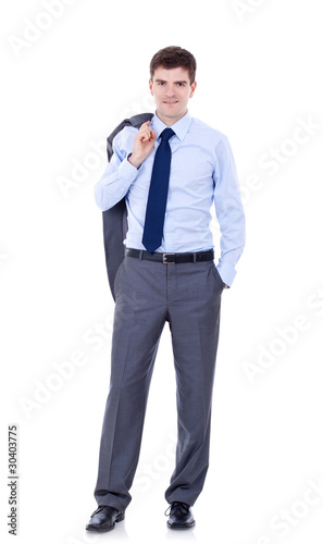 business man holding coat over shoulders
