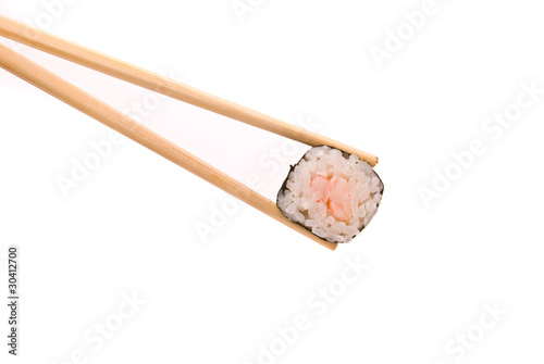 Sushi with chopsticks isolated on a white background