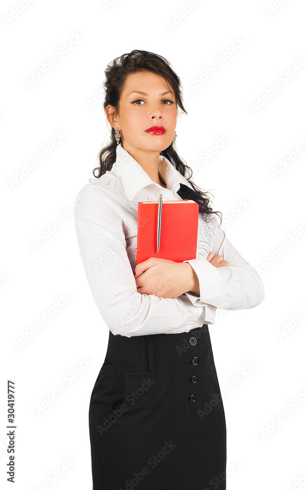 brunette business woman with organizer isolated on white brunette business woman with organizer isolated on white