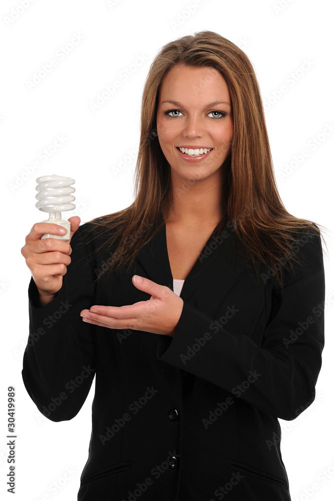 Young Businesswoman Holding Fluorescent Bulb Young Businesswoman Holding Fluorescent Bulb