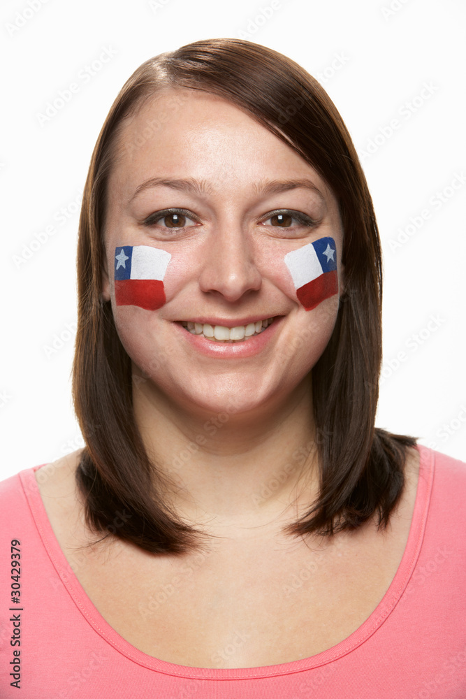 Young Female Sports Fan With Chilean Flag Painted On Face Young Female Sports Fan With Chilean Flag Painted On Face