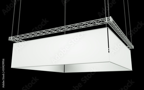 Blank four-sided hanging banner against a black background