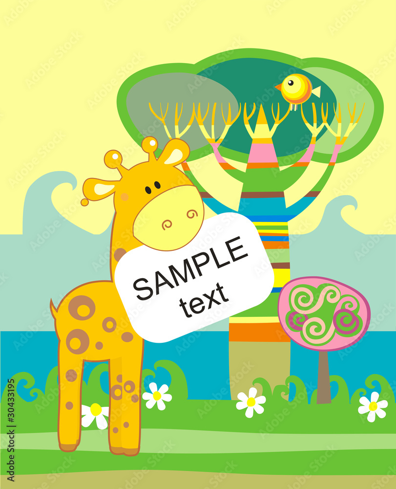 Fototapeta premium Karta przyjazdu dziecka z żyrafą