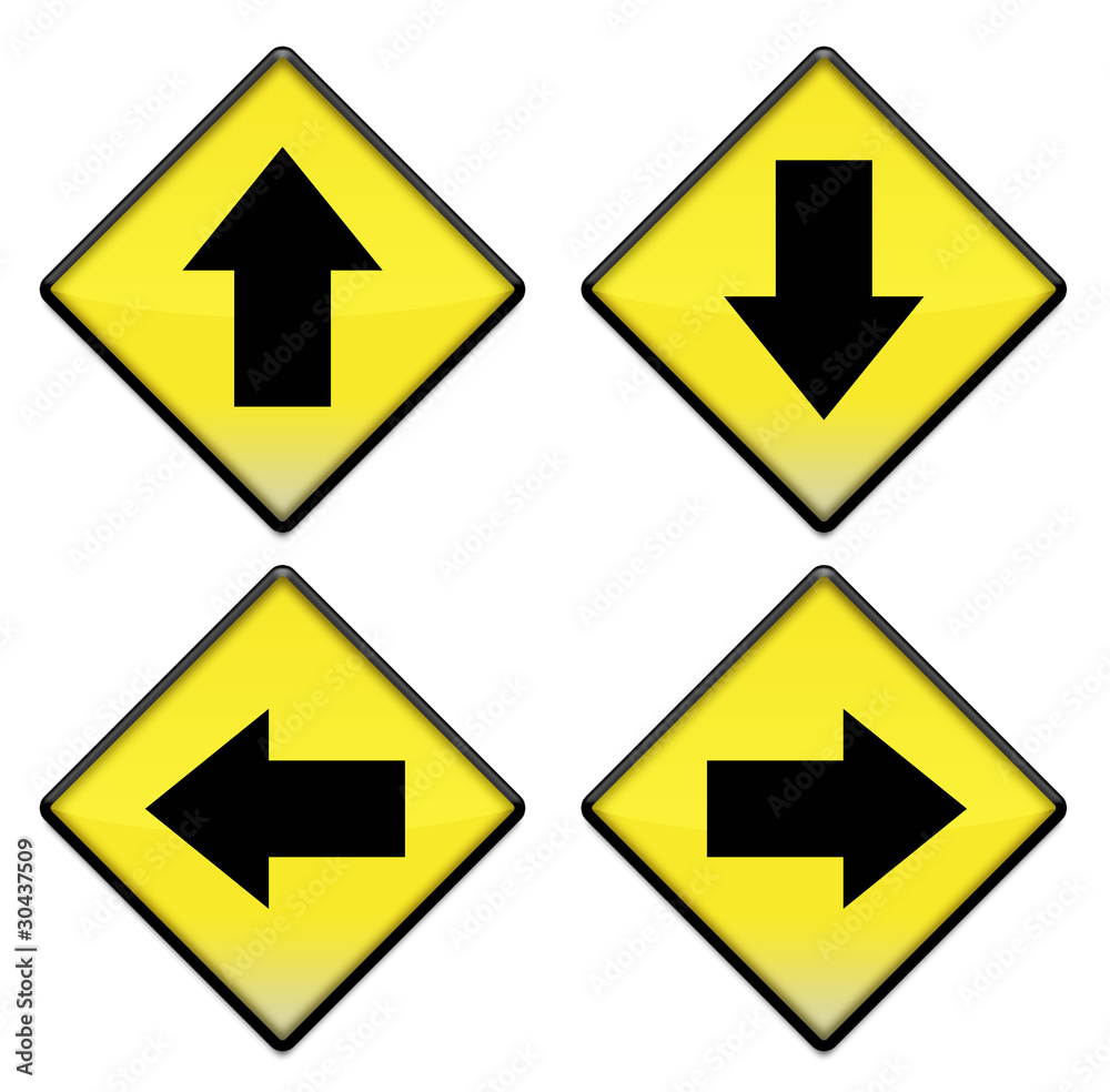 Group of four yellow road signs with arrows Group of four yellow road signs with arrows
