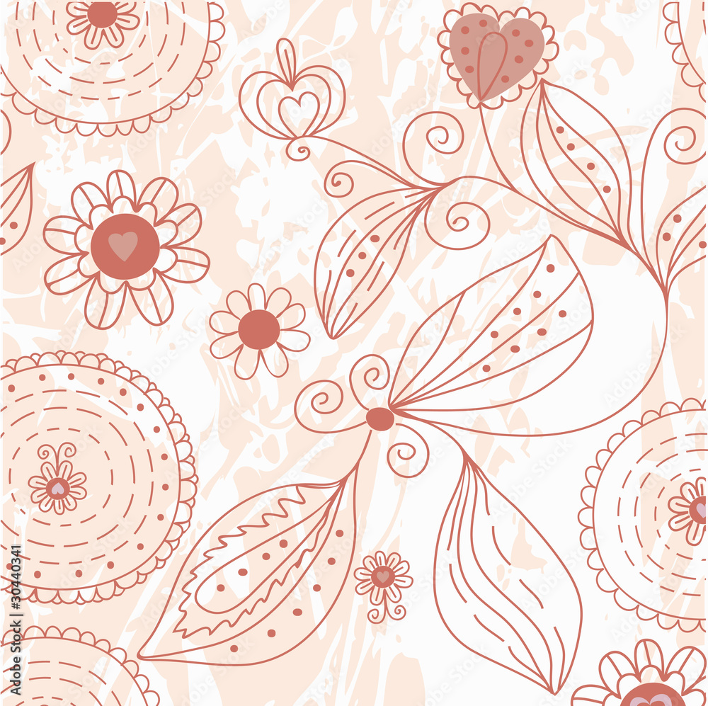 Grunge floral background with hearts