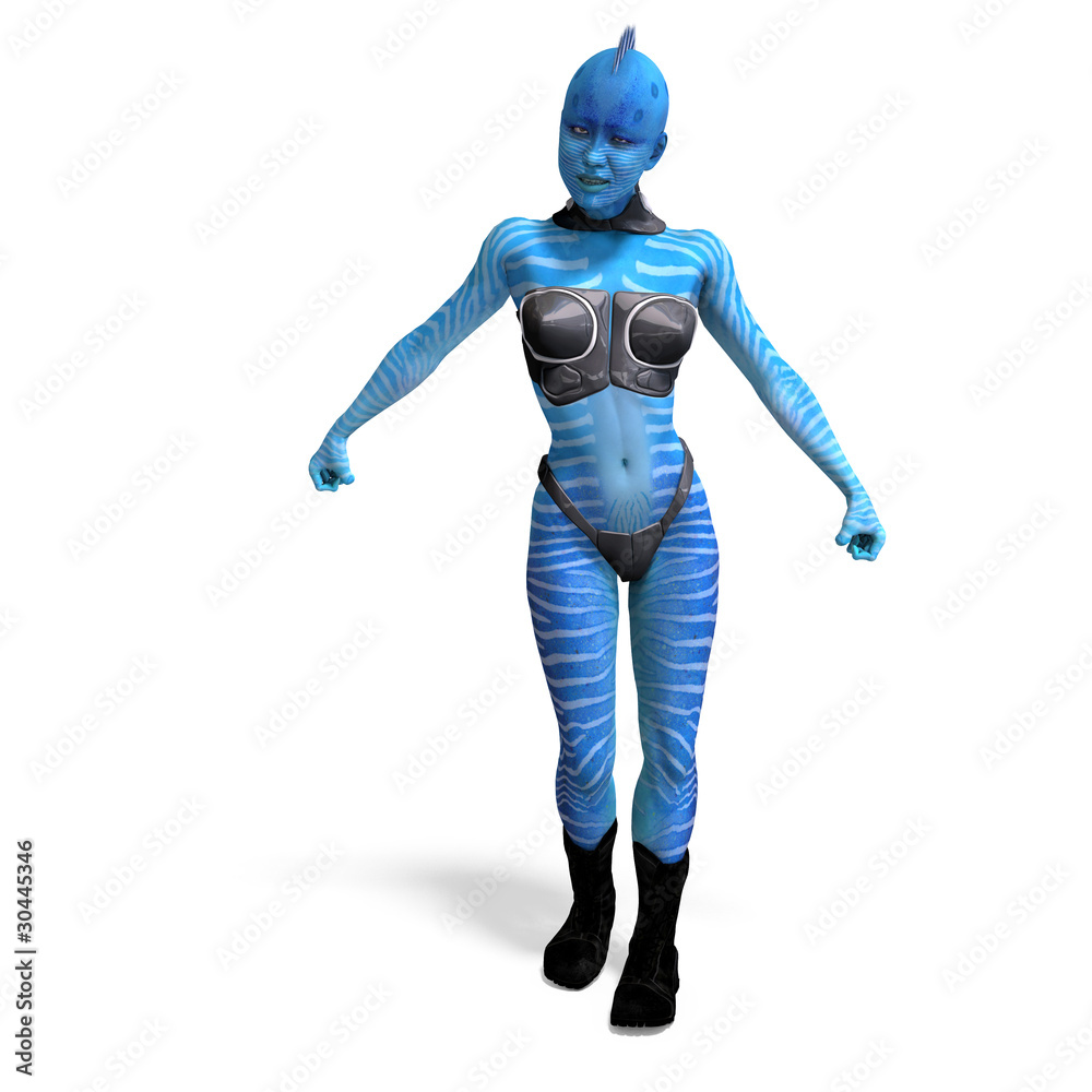 female blue fantasy alien. 3D rendering with clipping path and