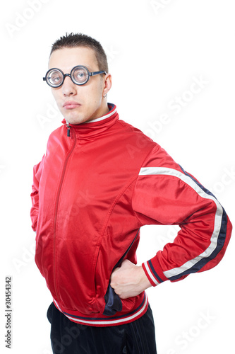 Portrait of a young nerd in funny glasses isolated on white photo