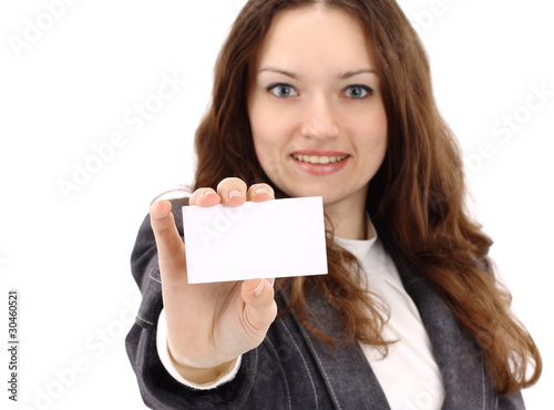 Young happy businesswoman with blank sign or