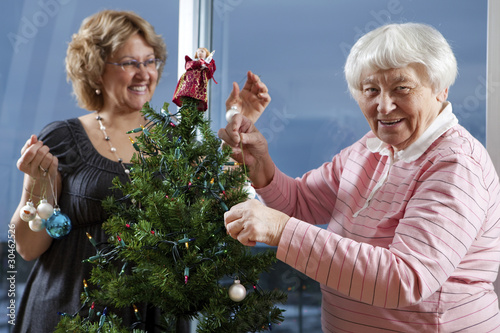 Volunteer helping senior decorate her Christmas Tree