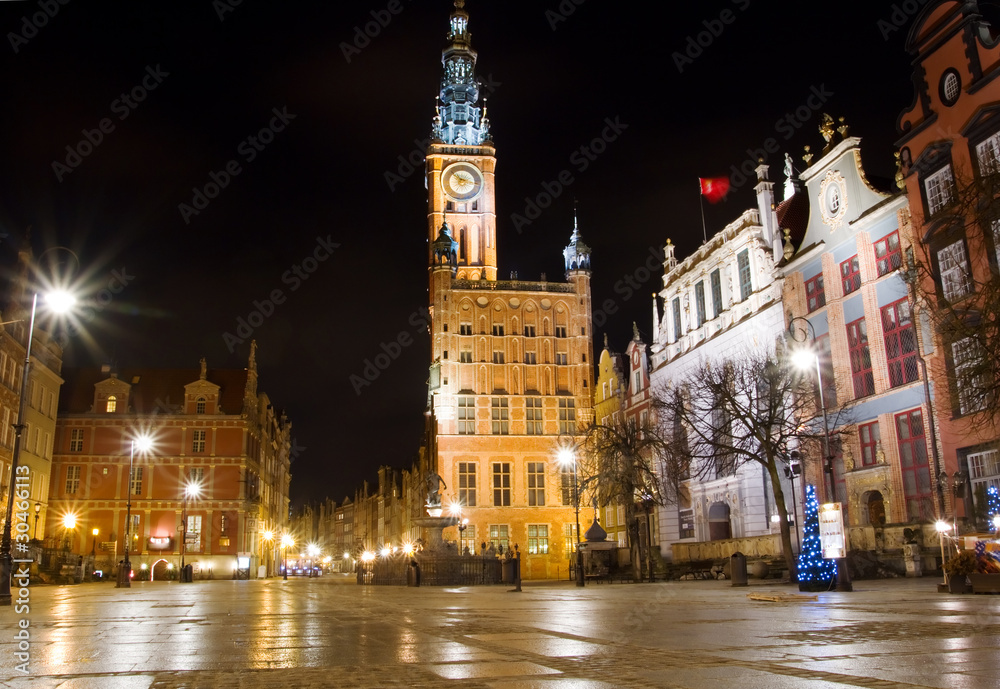 Architecture of old town in Gdansk at night, Poland.