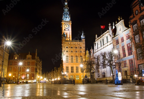 Architecture of old town in Gdansk at night, Poland.