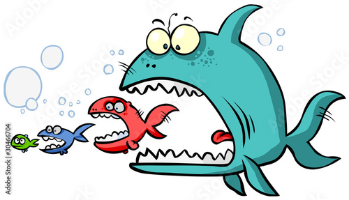 Cartoon Big fish eating up the smaller.