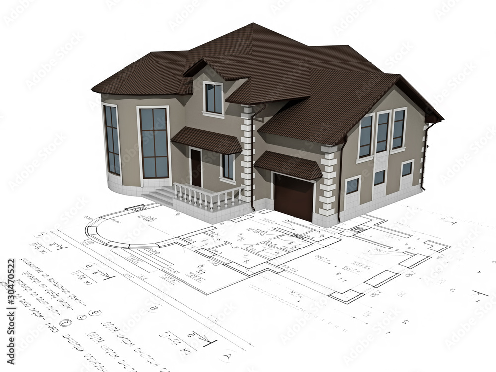 The house 3D image on the plan The house 3D image on the plan
