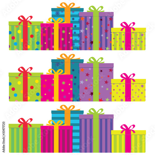 Vector colorful gift boxes in 3 decorative styles. No gradients.