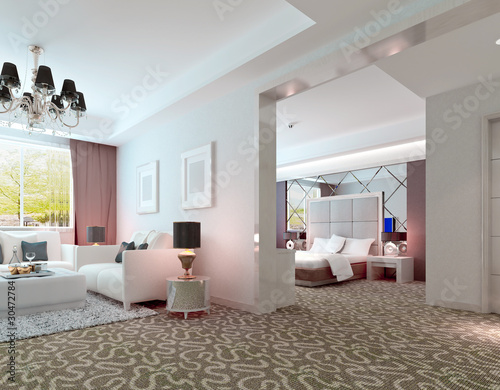 3D deluxe hotel suite interior rendering