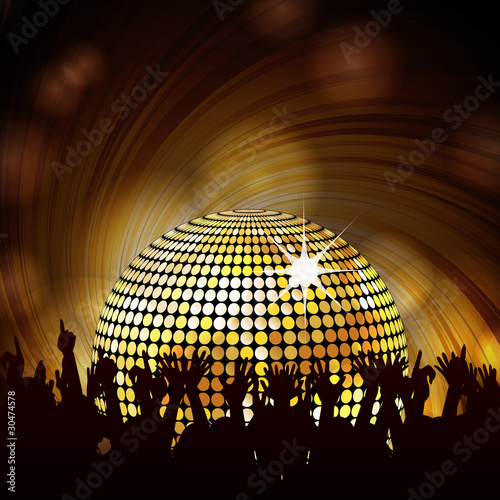 sparkling gold disco ball and crowd