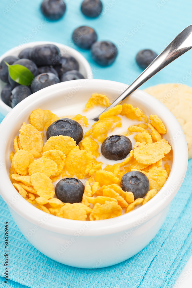 bowl of cornflakes with milk and blueberries bowl of cornflakes with milk and blueberries