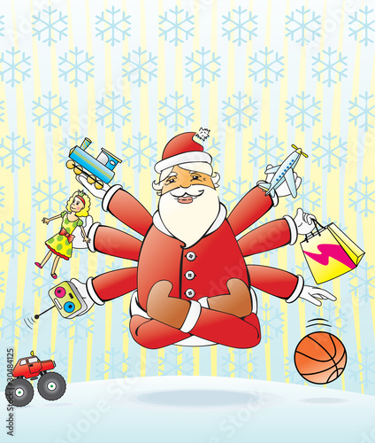 Santa Claus flying like yoga and like Shiva is very generous