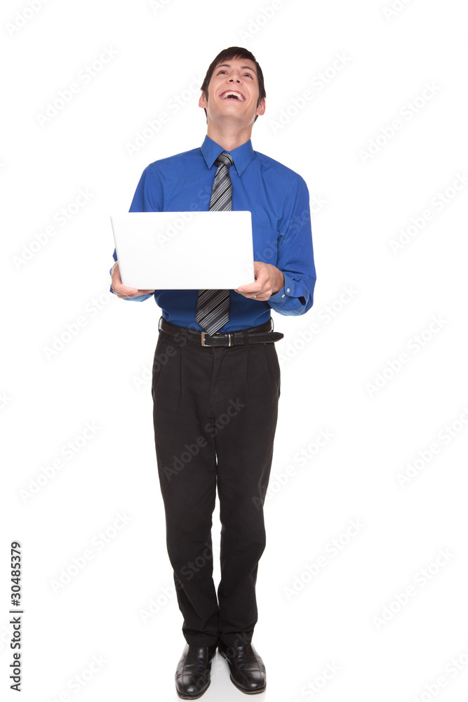 Expressions - Caucasian businessman laughing out loud at his com Expressions - Caucasian businessman laughing out loud at his com