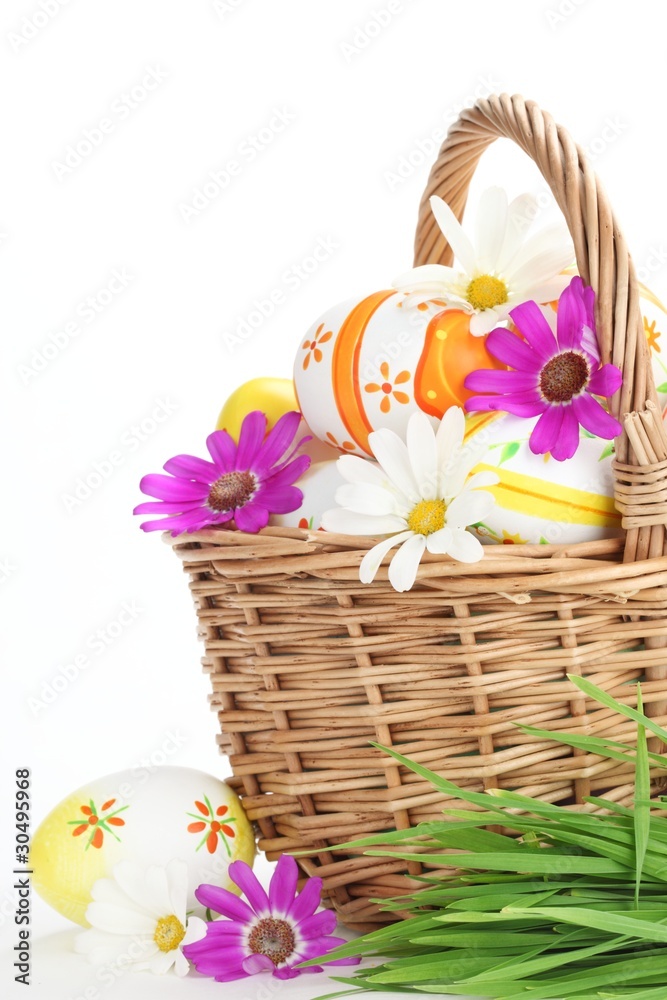 Colorful Easter Eggs with Spring Flowers
