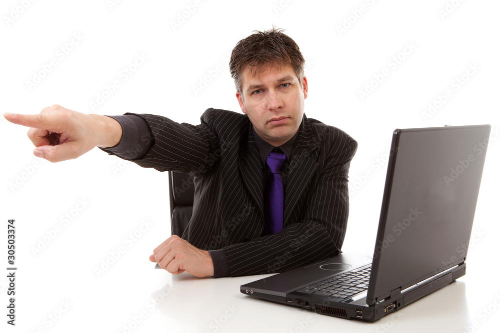 The boss is pointing his finger: you are fired over white The boss is pointing his finger: you are fired over white