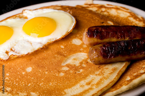 Pancakes, eggs and sausage breakfast