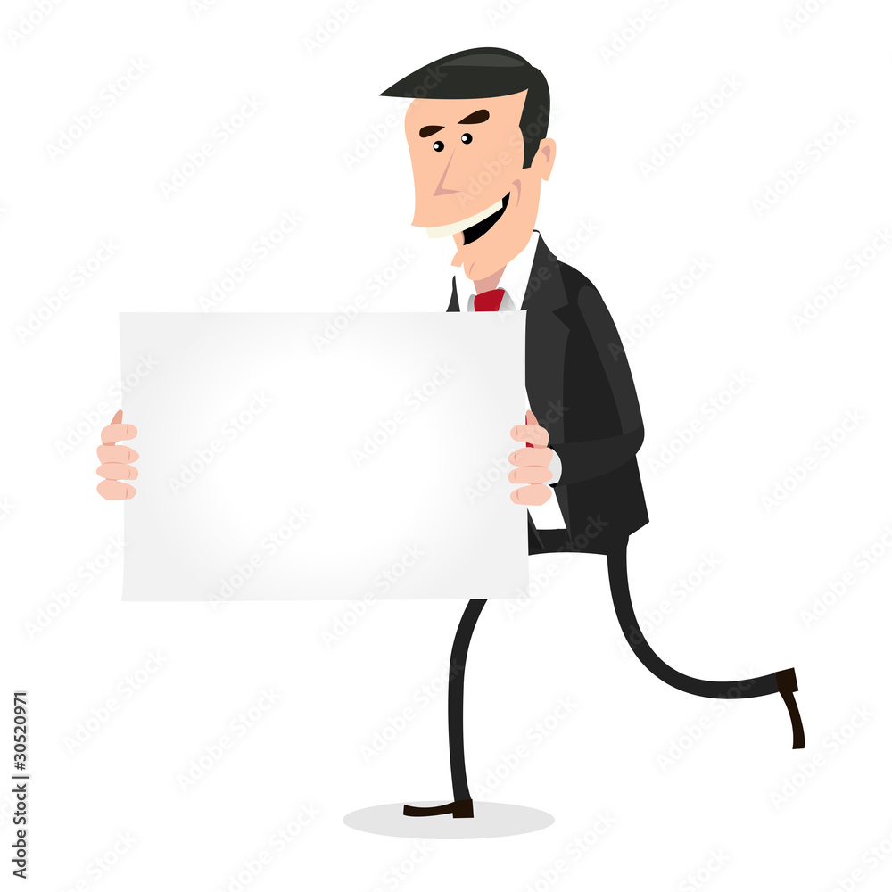Cartoon White Businessman Running with Blank Sign Cartoon White Businessman Running with Blank Sign
