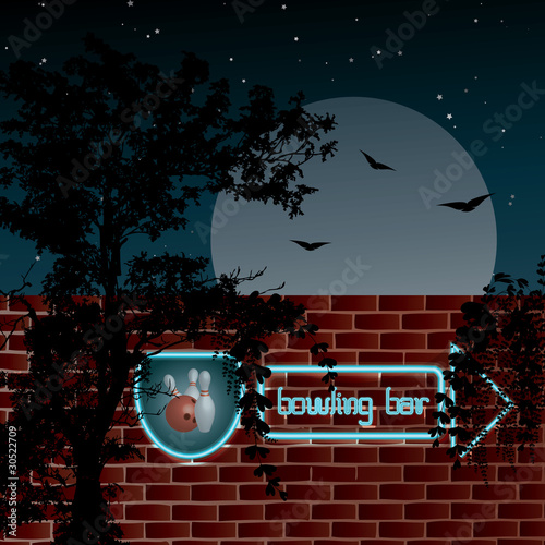 Neon sign "bowling bar" on the wall - vector illustration