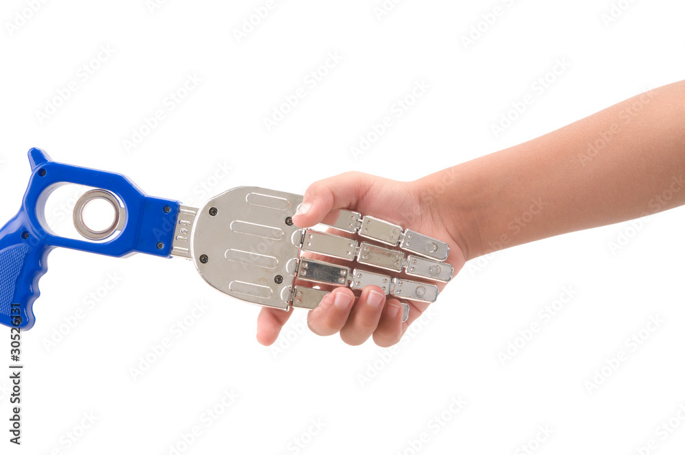 Hand shake of a child and a robot hand isolated on white. Hand shake of a child and a robot hand isolated on white.