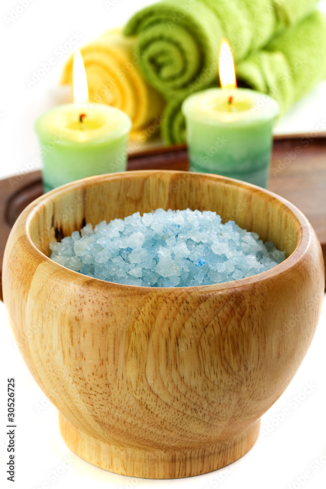 Bath sea salt with candles and towels Bath sea salt with candles and towels
