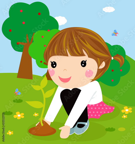 Happy kid is planting small plant cartoon