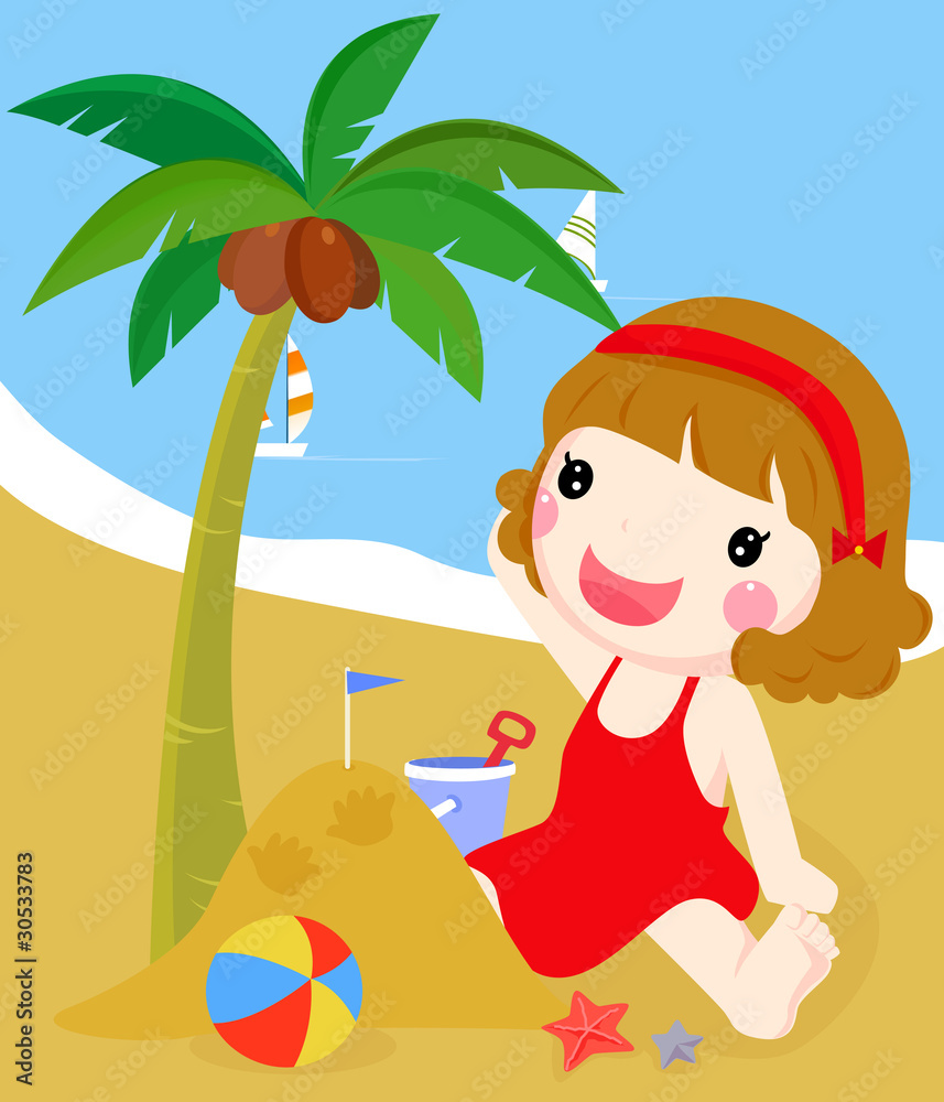 Illustration little girl building a sand castle at the beach