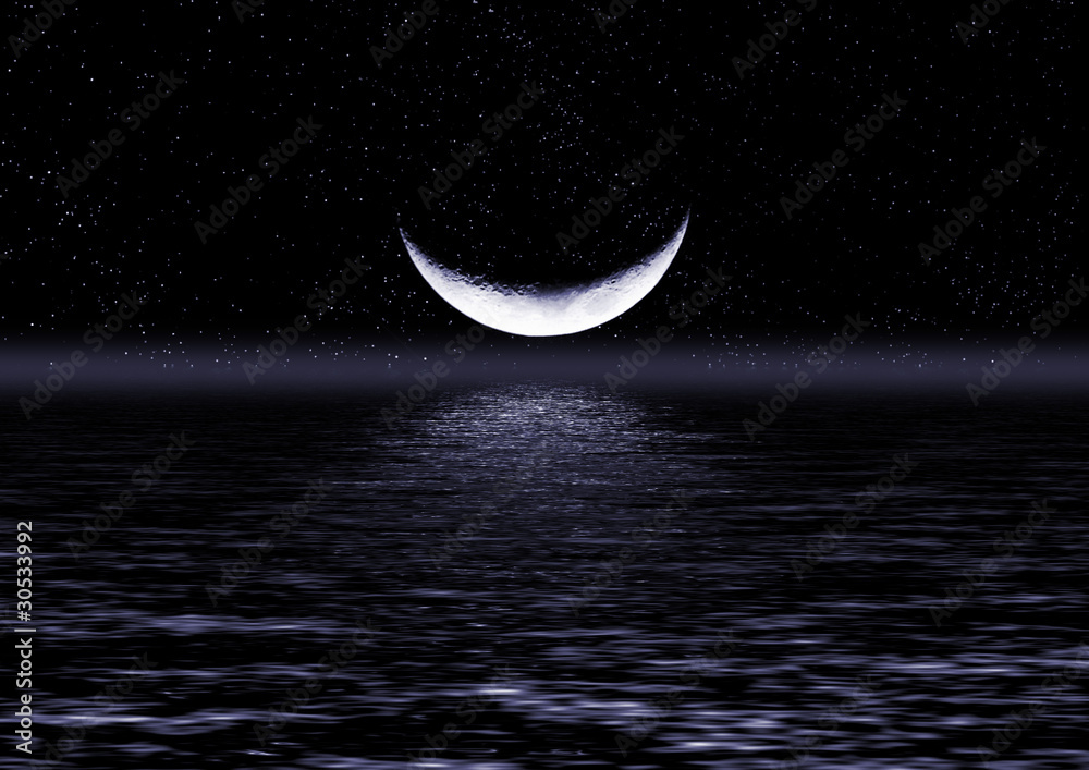Fototapeta premium Half of moon in the star sky reflected in water