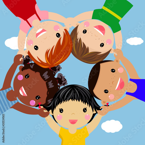 Happy children hand in hand around-illustration